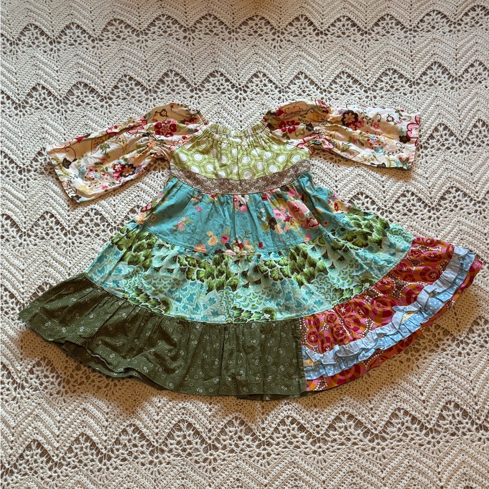 Matilda Jane Colorful Patchwork Dress Floral Cotton Whimsical Girl’s 6 Ribbon